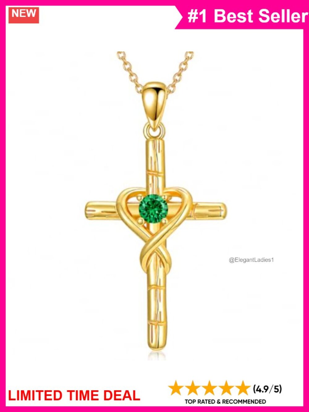 18K Gold Heart Cross Pendant Necklace with Emerald Birthstone